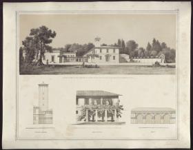 Sammlung architektonischer Entwürfe. Tafel 139 ( = Heft 28, Tafel 171, 1840): Berlin, Glienicke. Landhaus. Perspektivische Ansicht und Gebäudeteile