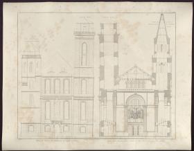 Sammlung architektonischer Entwürfe. Tafel 145 ( = Heft 27, Tafel 165, 1840): Zittau. Johanneskirche. Alte Fassade und Querschnitt