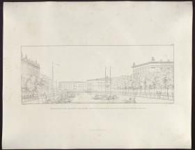Sammlung architektonischer Entwürfe. Tafel 149 ( = Heft 21, Tafel 127, 1834): Berlin, Kupfergraben. Packhof. Perspektivische Ansicht von der Schlossbrücke nach Norden