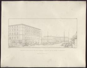 Sammlung architektonischer Entwürfe. Tafel 151 ( = Heft 21, Tafel 129, 1834): Berlin, Kupfergraben. Packhof. Perspektivische Ansicht der gesamten Anlage zur Schlossbrücke nach Süden
