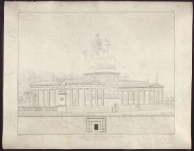 Sammlung architektonischer Entwürfe. Tafel 165 ( = Heft 19, Tafel 117, 1831): Berlin, Unter den Linden. Entwurf für Friedrichsdenkmal. Gedächtnishalle