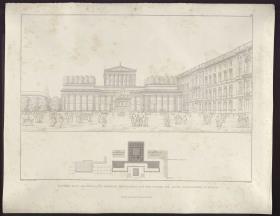 Sammlung architektonischer Entwürfe. Tafel 167 ( = Heft 19, Tafel 119, 1831): Berlin, Lustgarten. Entwurf für ein Friedrichsdenkmal. Halle und Ehrentempel