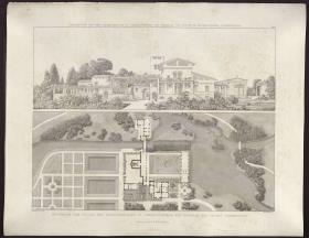 Sammlung architektonischer Entwürfe. Tafel 169 ( = Heft 24, Tafel 145, 1835): Potsdam-Sanssouci. Römische Bäder bei Schloss Charlottenhof. Ansicht von Westen und Grundriss des Gärtnerhauses