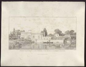 Sammlung architektonischer Entwürfe. Tafel 172 ( = Heft 24, Tafel 148, 1835): Potsdam-Sanssouci. Römische Bäder bei Schloss Charlottenhof, Gärtnerhaus von der Wasserseite