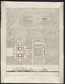 Sammlung architektonischer Entwürfe. Tafel 174 ( = Heft 28, Tafel 174, 1840): Potsdam-Sanssouci. Antikes Landhaus bei Schloss Charlottenhof. Grundriss der Anlage und Querschnitt