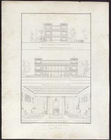 Sammlung architektonischer Entwürfe. Tafel 26 ( = Heft 4, Tafel 26, 1824): Berlin. Schloss Tegel. Seiten- und Hauptfassade und Vestibül