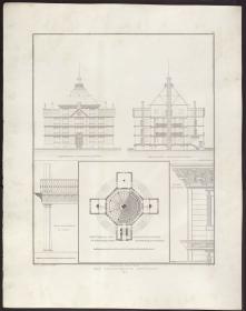 Sammlung architektonischer Entwürfe. Tafel 29 ( = Heft 4, Tafel 29, 1824): Ostrowo (Ostrów Wielkopolski), ehemals Regierungsbezirk Posen (Województwo Wielkopolskie). Jagdschloss Antonin. Ansichten und Schnitte