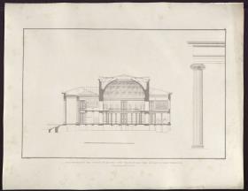 Sammlung architektonischer Entwürfe. Tafel 40 ( = Heft 6, Tafel 40, 1825): Berlin. Altes Museum am Lustgarten. Querschnitt des Gebäudes, Aufriss einer Säule und des Gebälks der Vorhalle