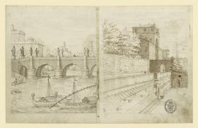 Ansicht der Engelsbrücke mit Tiber (linke Hälfte) / Ansicht einer römischen Villa (linke Hälfte)
