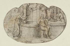 Jesus und die Samariterin am Brunnen (Bildfeld in einer ovalen Kartusche)