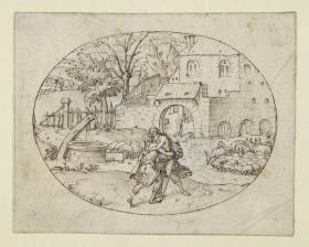 Laban und Jakob (Szene aus dem Alten Testament in einem ovalen Bildfeld)