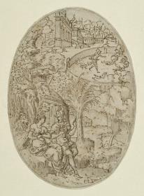 Szene aus der Argonautensage: Jason erzählt Medea von der Tötung des Drachens (?) (Bildfeld in einer ovalen Kartusche)