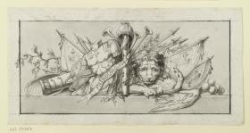 Dekoration aus Spolien, Waffen, Fahren und einem Löwen, der einen Adler besiegt, Schriftband "Fribourg 1644" - Hinweis auf die Schlacht bei Freiburg im Breisgau 1644