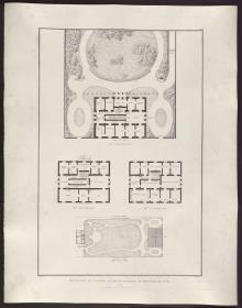 Sammlung architektonischer Entwürfe. Tafel 63 ( = Heft 9, Tafel 57, 1826): Wohnhausentwurf Nr. 2. Drei Grundrisse und Situationsplan