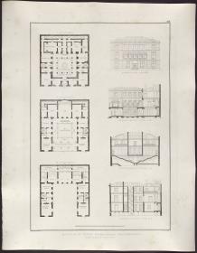 Sammlung architektonischer Entwürfe. Tafel 68 ( = Heft 10, Tafel 62, 1826): Wohnhausentwurf. Grundrisse, Vorderansicht und Schnitte