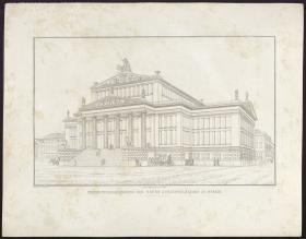 Sammlung architektonischer Entwürfe. Tafel 7 ( = Heft 2 erste Folge, Tafel 7, 1821): Berlin. Schauspielhaus auf dem Gendarmenmarkt. Perspektivische Ansicht der Vorderseite