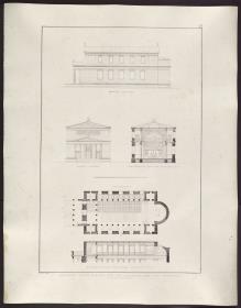 Sammlung architektonischer Entwürfe. Tafel 73 ( = Heft 11, Tafel 67, 1826): Potsdam. Nikolaikirche. Entwurf als Basilika. Ansichten, Risse und Schnitte