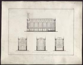 Sammlung architektonischer Entwürfe. Tafel 87 ( = Heft 13, Tafel 81, 1829): Berlin. Friedrichswerdersche Kirche. Ausgeführter Entwurf. Längsschnitt und Querschnitte