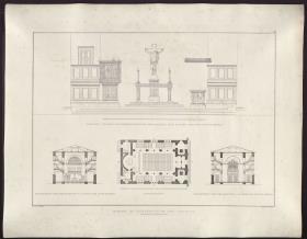 Sammlung architektonischer Entwürfe. Tafel 91 ( = Heft 14, Tafel 85, 1829): Straupitz. Entwurf zur einer Kirche. Kanzel, Altar und Taufstein, Querschnitte und Grundriss