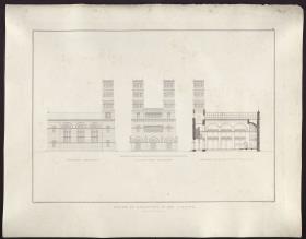 Sammlung architektonischer Entwürfe. Tafel 92 ( = Heft 14, Tafel 86, 1829): Straupitz. Entwurf zur einer Kirche. Längsansicht, Längsschnitt und Fassade