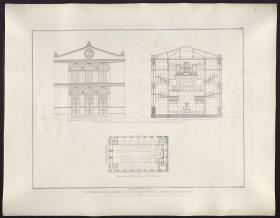 Sammlung architektonischer Entwürfe. Tafel 93 ( = Heft 14, Tafel 87, 1829): Berlin, Oranienburger Vorstadt. Entwurf zu einer Kirche (Vorstadtkirche Typ 1, "Kirche im Rechteck"). Risse und Schnitt