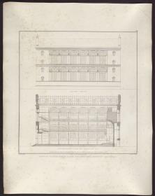 Sammlung architektonischer Entwürfe. Tafel 94 ( = Heft 14, Tafel 88, 1829): Berlin, Oranienburger Vorstadt. Entwurf zu einer Kirche (Vorstadtkirche Typ 1, "Kirche im Rechteck"). Längsansicht und Längsschnitt
