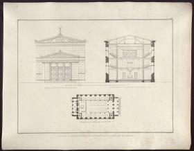 Sammlung architektonischer Entwürfe. Tafel 95 ( = Heft 14, Tafel 89, 1829): Berlin, Oranienburger Vorstadt. Entwurf zu einer Kirche. (Vorstadtkirche Typ 2, "Kirche mit Vorhalle"). Risse und Schnitt