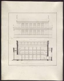 Sammlung architektonischer Entwürfe. Tafel 96 ( = Heft 14, Tafel 90, 1829): Berlin, Oranienburger Vorstadt. Entwurf zu einer Kirche. (Vorstadtkirche Typ 2, "Kirche mit Vorhalle"). Riss der Längsseite und Längsschnitt