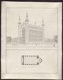 Sammlung architektonischer Entwürfe. Tafel 97 ( = Heft 15, Tafel 91, 1829): Berlin, Oranienburger Vorstadt. Entwurf zu einer Kirche (Vorstadtkirche Typ 3, "Kirche mit vier Türmen"). Perspektivische Ansicht und Grundriss