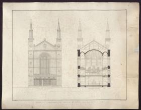 Sammlung architektonischer Entwürfe. Tafel 98 ( = Heft 15, Tafel 92, 1829): Berlin, Oranienburger Vorstadt. Entwurf zu einer Kirche (Vorstadtkirche Typ 3, "Kirche mit vier Türmen"). Aufriss der Fassade und Querschnitt