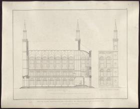 Sammlung architektonischer Entwürfe. Tafel 99 ( = Heft 15, Tafel 93, 1829): Berlin, Oranienburger Vorstadt. Entwurf zu einer Kirche (Vorstadtkirche Typ 3, "Kirche mit vier Türmen"). Längsschnitt und Risse