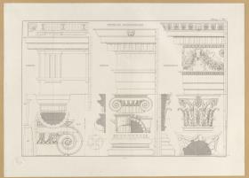 Vorbilder für Fabrikanten und Handwerker. Teil 1, Abteilung 1, Blatt 7: Dorische, Ionische und Korinthische Säulenordnungen nach Vitruv mit Konstruktionsdetails