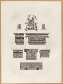 Vorbilder für Fabrikanten und Handwerker. Teil 1, Abteilung 1, Blatt 9: Wandmalereien, Dachziegel und Pilasterkapitelle antiker Bauwerke