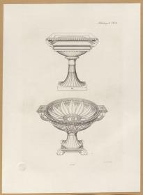 Vorbilder für Fabrikanten und Handwerker. Teil 1, Abteilung 2, Blatt 11: Labrum aus rotem Marmor aus der Villa Gaius Maecenas und Gefäß aus der Sammlung Piranesi