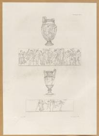Vorbilder für Fabrikanten und Handwerker. Teil 1, Abteilung 2, Blatt 13: Marmorvase aus der Sammlung Hamilton im British Museum mit Reliefabwicklung und antike Marmorvase mit zeitgenössischen Ergänzungen im antiken Stil mit Reliefabwicklung