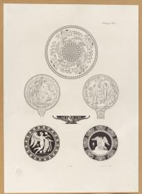 Vorbilder für Fabrikanten und Handwerker. Teil 1, Abteilung 2, Blatt 14: Sechs flache Schalen (Pateren) aus Keramik und Bronze aus den Sammlungen de Witte und Townley und dem British Museum