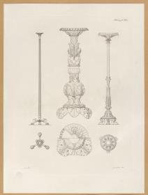 Vorbilder für Fabrikanten und Handwerker. Teil 1, Abteilung 2, Blatt 16: Zwei Kandelaber aus Bronze aus Herculaneum und das Bruchstück eines antiken Kandelabers im Museum von Portici in Seiten- und Aufsicht