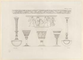 Vorbilder für Fabrikanten und Handwerker. Teil 1, Abteilung 2, Blatt 26: Entwurf für zwei Leuchter, zwei Friese und drei Pokale, zur Ausführung in Silber, Kupfer oder Bronze