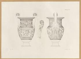 Vorbilder für Fabrikanten und Handwerker. Teil 1, Abteilung 2, Blatt 5: Griechische keramische Vase aus der Sammlung Hamilton im British Museum in Vorder- und Seitenansicht mit Henkeldetail