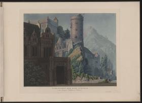 Käthchen von Heilbronn. Trauerspiel von Heinrich von Kleist. Entwurf der 7. Dekoration. Schlosshof der Burg Turneck