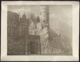 Käthchen von Heilbronn. Trauerspiel von Heinrich von Kleist. Entwurf der 7. Dekoration. Schlosshof der Burg Turneck