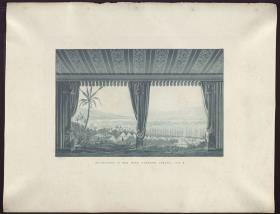 Fernand Cortez, oder: Die Eroberung Mexikos. Oper von Gaspare Spontini. Entwurf zur 2. Dekoration. Aussicht auf Mexiko-Stadt und das Feldlager der Spanier. Inneres eines Zeltes
