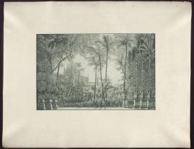 Nurmahal oder das Rosenfest von Caschmir. Oper von Gaspare Spontini. Entwurf zur 1. Dekoration. Palastgarten mit Blick auf Caschmir