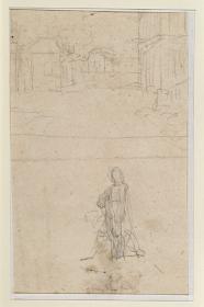 Landschaft, darunter stehende Figur