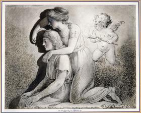 Die Erfindung der Zeichenkunst: Ein Mädchen zeichnet, von Amor angefeuert, die Silhouette eines links vor ihr sitzenden Jünglings an die Wand