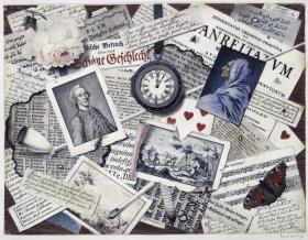 Quodlibet aus Kupferstichen, Schriftproben, Schmetterling, Rose, Taschenuhr, Tonpfeife usw.