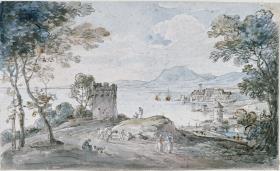 Italienische Küstenlandschaft. Vorn ein Wachtturm, rechts im Hintergrund am Ufer Ortschaften