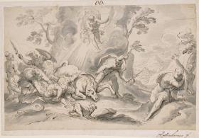 Bekehrung des Paulus. Von oben erscheint Christus dem mit dem Pferde gestürzten Saulus. Seine Begleiter fliehen. Im Hintergrunde rechts die Stadt Damaskus