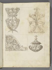 Codex Mantegna, Grotesken- und Rankornamente; verziertes Gefäß