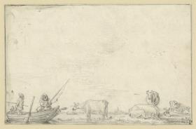 Kühe und Angler. In der Mitte steht eine Kuh im Wasser, links ein Boot mit zwei Anglern, rechts am Ufer drei Kühe
